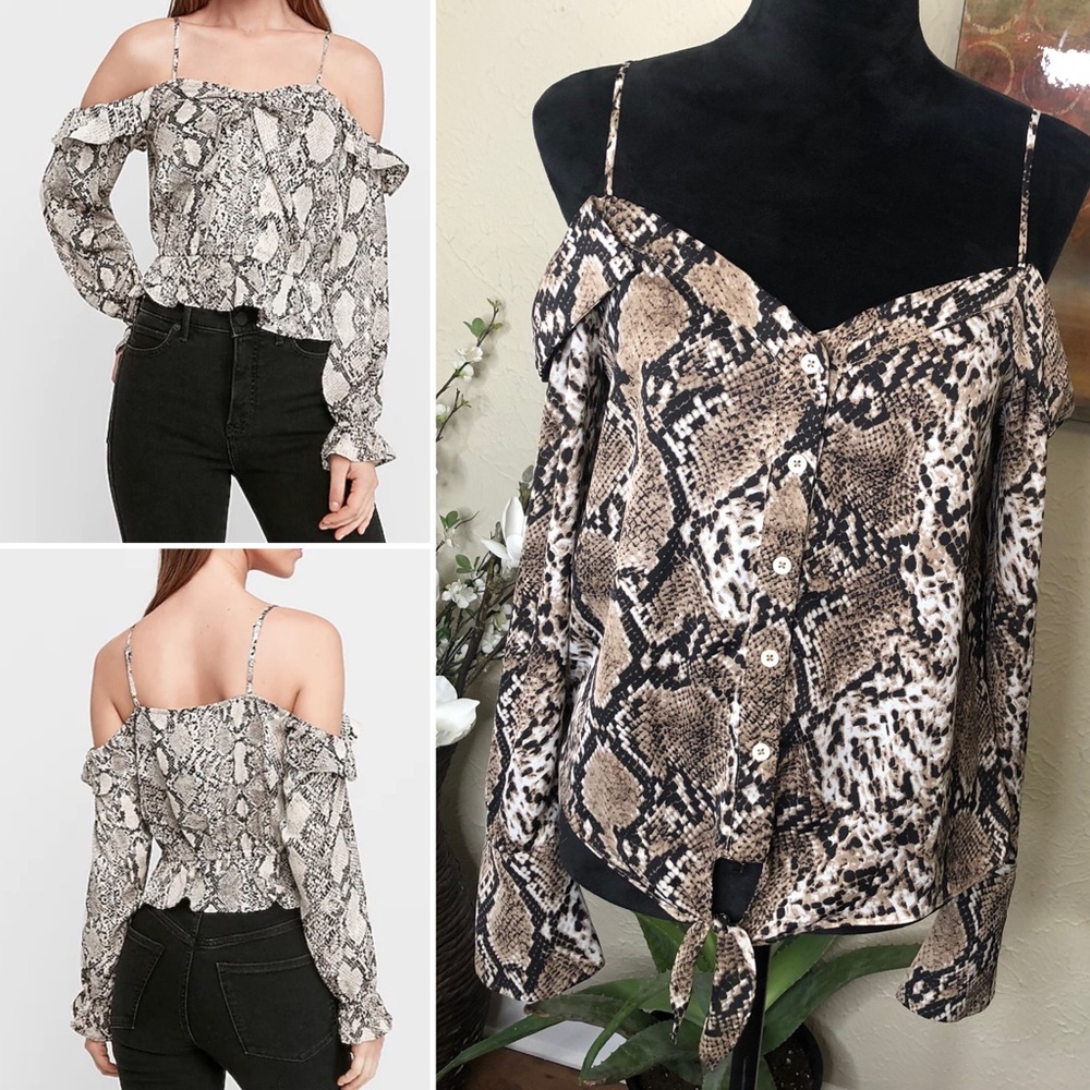 Molly Green Snakeskin Button Cold Shoulder Top